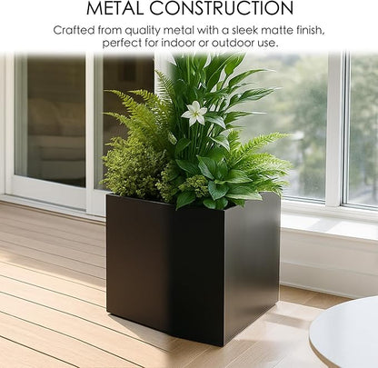 Kozyard 20'' Cube Metal Planter Steel Planter Box Black Steel Flower Pot with Saucer Partition Panel for Trees Plants Flowers Indoor Outdoor Garden Patio Deck Yard