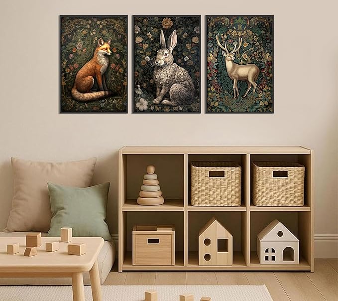 3Pcs Forest Animal Wall Art Fox Rabbit Deer Painting Pictures Wall Decor Wildlife Animal Posters Prints Dark Gothic Botanical Floral Artwork for Office Bedroom Home Decoration 16x24in
