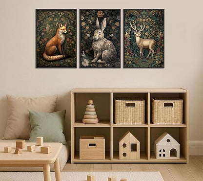 3Pcs Forest Animal Wall Art Fox Rabbit Deer Painting Pictures Wall Decor Wildlife Animal Posters Prints Dark Gothic Botanical Floral Artwork for Office Bedroom Home Decoration 16x24in
