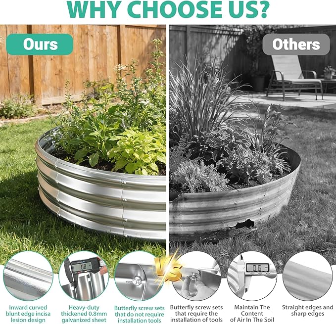 6FT Diameter Galvanized Garden Raised Bed/Plant Box/Fire Pit Ring-0.8mm Thick,12 Inch Tall,Crimped Edge and Corner,No Sharpe,Perfect for Plantings (Silver, 72 Dia X 11.5 inches)