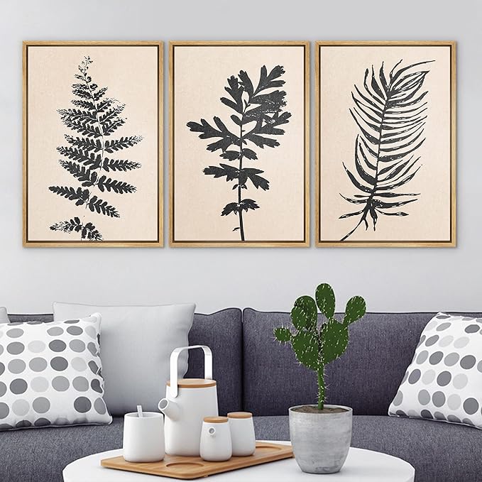 Ashbrook Framed Canvas Print Wall Art Set Black Grunge Forest Plant Silhouette Nature Wilderness Illustrations Modern Art Rustic Chic Colorful for Living Room, Bedroom, Office - 16"x24"x3 Natural