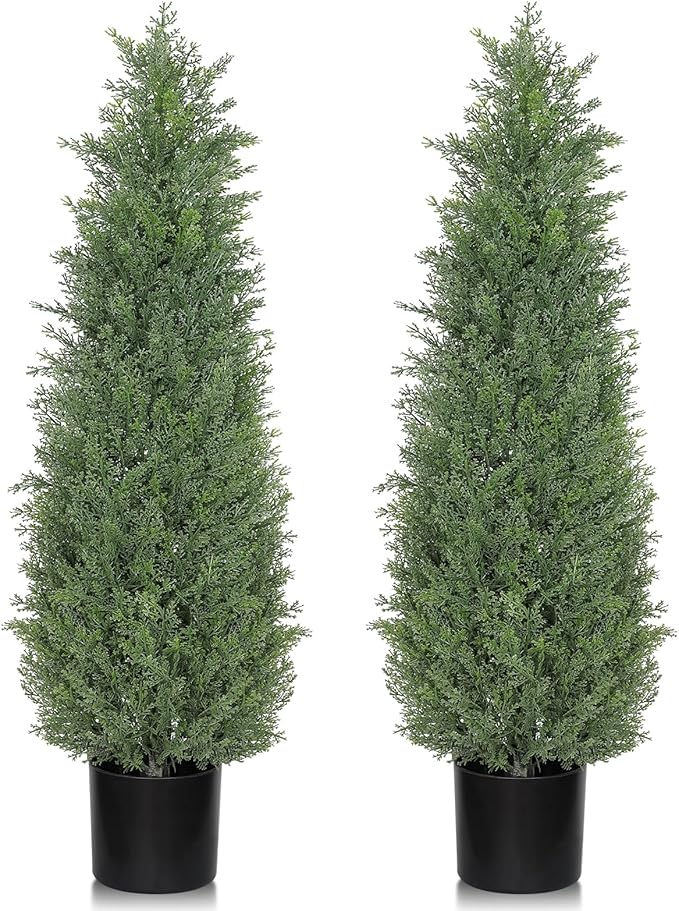 Artificial Cedar Topiary 3 FT Faux Cedar Trees for Outdoor Planters Evergreen Plant, 36 inch UV Rated and Lush Fake Cypress Tree Shrubs for Gateway Front Door Porch Patio Garden, Set of 2