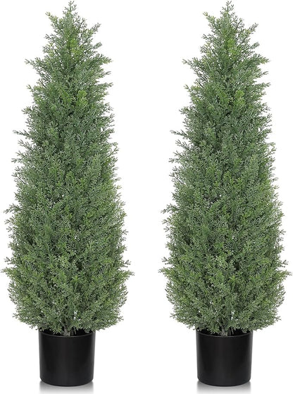 Artificial Cedar Topiary 3 FT Faux Cedar Trees for Outdoor Planters Evergreen Plant, 36 inch UV Rated and Lush Fake Cypress Tree Shrubs for Gateway Front Door Porch Patio Garden, Set of 2