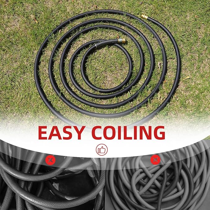 WiseFlow Garden Hose 25FT x 5/8", Heavy Duty Rubber Hose, Water Hose with Five Layered Braiding, Male Female Fittings, 1000PSI Burst, 300PSI Working (Black)