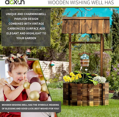 Aoxun Wooden Wishing Well Planters with Hanging Bucket, Garden Helper, Rustic Garden Decor for Outside, Yard, and Patio, Upgrade Reinforced Base, Brown