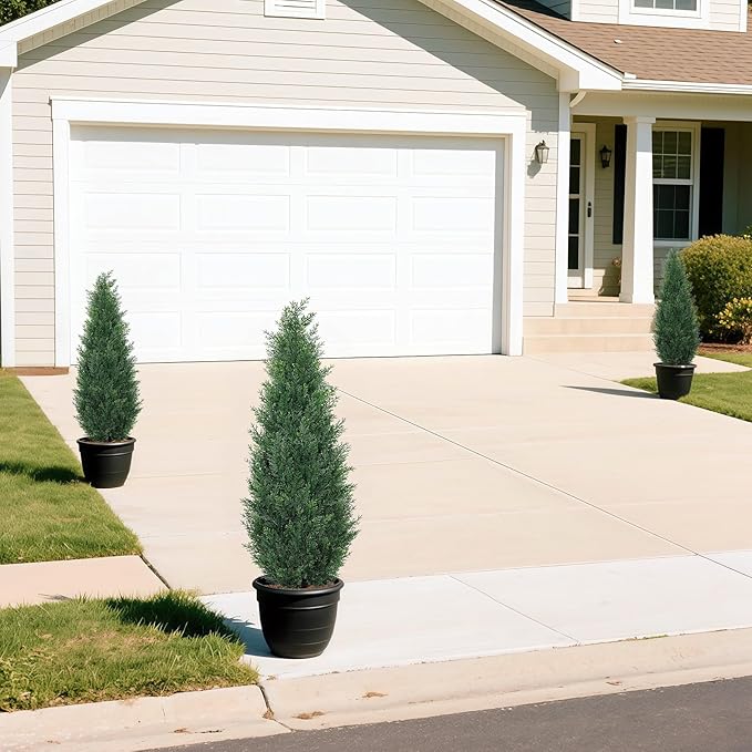 3FT Artificial Cedar Topiary Trees for Outdoors, UV Resistant Fake Cypress Shrubs, Potted Faux Evergreen Outdoor Faux Plants, Artificial Plants Outdoor for Front Porch, Home Decor (Set of 2)