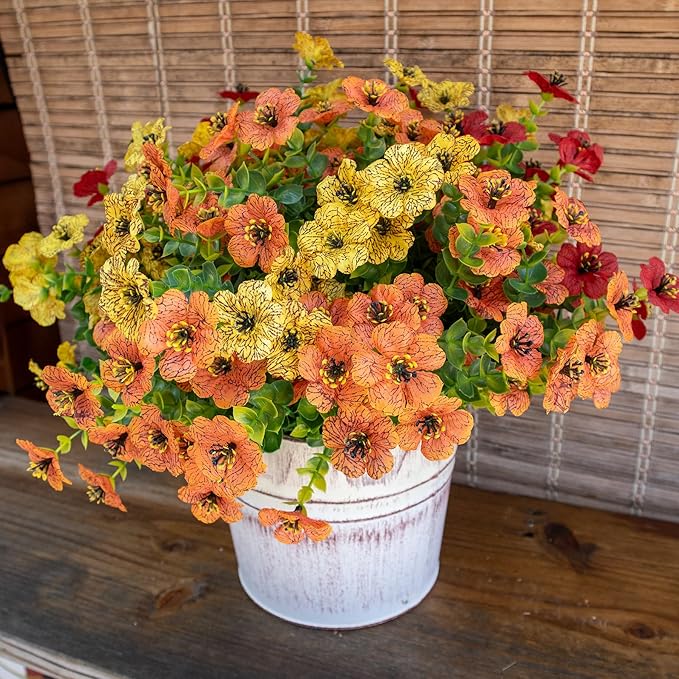 Artificial Flowers for Outdoors, Faux Flowers for Outdoor Planters, 12 Bundles Realistic Silk Flower Faux Fake Plants for Porch Patio Yard Planters, Home Decor, Yellow + Orange + Red