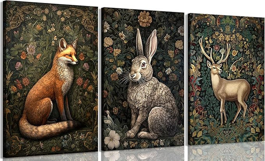 3Pcs Forest Animal Canvas Wall Art Fox Rabbit Deer Painting Pictures Wall Decor Wildlife Animal Posters Prints Dark Gothic Botanical Floral Artwork for Office Bedroom Home Decoration 16x24in