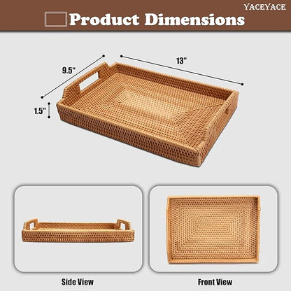 Rattan Tray, YACEYACE Woven Tray with Handles Bulk, Rectangular Small Rattan Serving Trays for Home, Ottoman, Coffee Table, 13.3" H x 9.4" L x 1.6" W