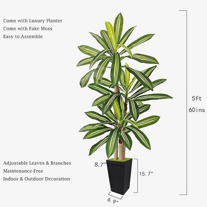 Artificial Dracaena Plant 5ft, Faux Tree with Black Tall Planter, Fake Yucca Silk Plants, Artificial Floor Trees for Indoor Home Office Room Decor Housewarming Gift