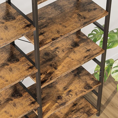 OTK Triple Wide 5 Tier Bookshelf, Rustic Industrial Style Bookcases with 14 Open Display Shelves, Wide Bookshelves for Bedroom, Living Room and Home Office, Rustic Brown