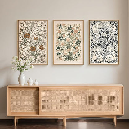 Large Abstract Vintage Flower Framed Canvas Wall Art,Antique Botanical Wall Decor,Neutral Bouquet Wall Painting,Aesthetic Floral Artwork for Living Room,Bedroom,Dining Room,Office -24"x36"x3