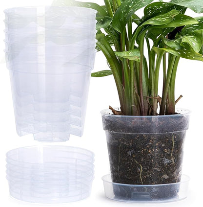 6 Inch Clear Plastic Plant Pot with Drainage Holes, Interlocking & Detachable Tray - Deep Saucer - Durable BPA-Free Plastic, Transparent Design, Raised Base for Airflow, Set of 6, 92-X-A-5