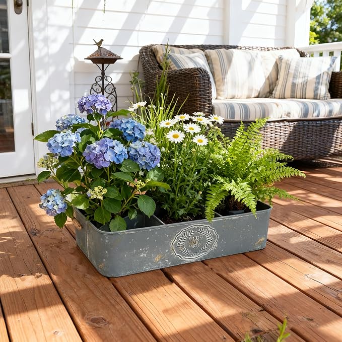 Vintage Metal Planter with Wooden Handle, Rustic Flower Pot with 6 Compartment Farmhouse Plants Holder Succulents Tubs for Garden Patio Yard Outdoor Decor (Blue - 6 Compartment)