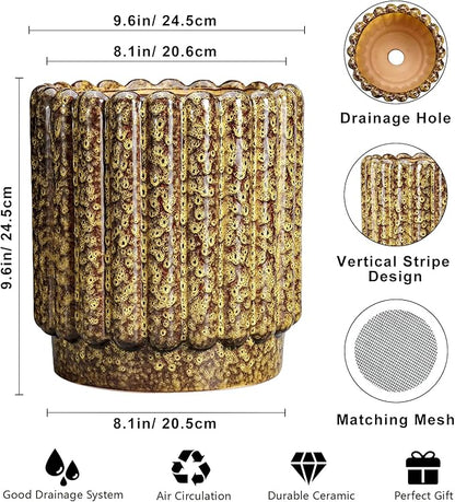 Ceramic Pots for Plants - 9.6 Inch Ceramic Planters for Indoor Plants, Round Flower Pots with Drainage Hole, Fluted Large Planter Outdoor, Patio Decor, Garden Gifts, Yellow