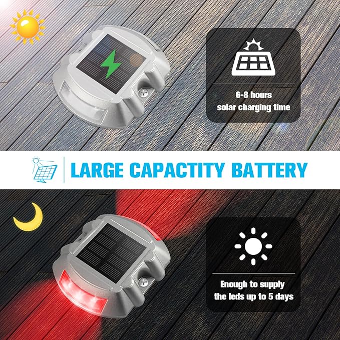 VOLISUN Christmas Solar Deck Lights Driveway Dock Lights, 4-Pack Led IP67 Waterproof Outdoor Warning Step Light for Driveway Sidewalk Garden Pathway Yard(Red)