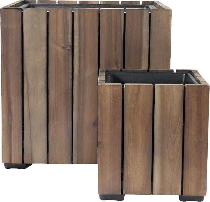 Sunnydaze Indoor/Outdoor Wooden Planter Boxes - 2 Acacia Wood Square Plant Pots with Plastic Liners - Anthracite Stain