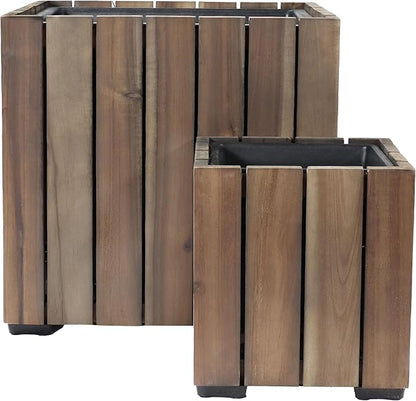Sunnydaze Indoor/Outdoor Wooden Planter Boxes - 2 Acacia Wood Square Plant Pots with Plastic Liners - Anthracite Stain