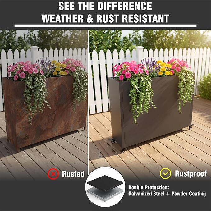 36" L x 9.3" W x 28.4" H Metal Planter Box with Wheels & Removable Shelf – Rolling Raised Garden Bed with Smart Drainage System, Rustproof Outdoor Planter for Patio, Balcony & Modern Décor