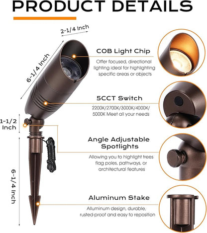 CLOUDY BAY 9W 5CCT LED Landscape Lighting Low Voltage (AC/DC 12V) Outdoor Spotlights with Spike Stand,Waterproof Pathway Lights,2200K/2700K/3000K/4000K/5000K Selectable,Pack of 4,Bronze