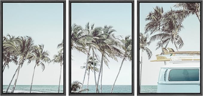 Ashbrook Framed Canvas Print Wall Art Set Retro Road Trip Palm Tree Beach Vacation Nature Wilderness Photography Realism Decorative Nautical Calm/Relax/Cozy for Bedroom - 16"x24"x3 BLACK