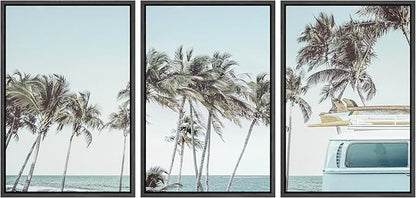 Ashbrook Framed Canvas Print Wall Art Set Retro Road Trip Palm Tree Beach Vacation Nature Wilderness Photography Realism Decorative Nautical Calm/Relax/Cozy for Bedroom - 16"x24"x3 BLACK