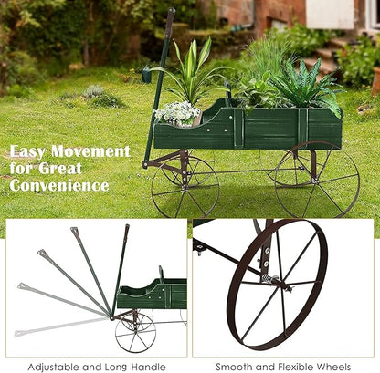 Goplus Wagon Planter, Decorative Wooden Garden Planter with Wheels, 2 Planting Sections and Adjustable Handle, Indoor Outdoor Backyard Balcony Decor (Green)