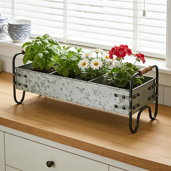 Rustic Galvanized Metal 3-Compartment Planter with Wood Handles, Vintage Style Succulent Herb Flower Pot for Indoor Outdoor Garden, Kitchen, Windowsill Decor