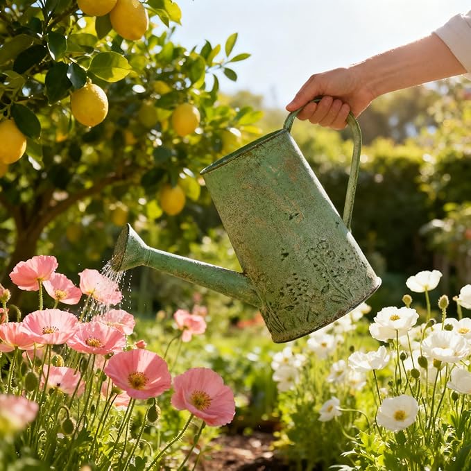 Vintage Metal Watering Can with Floral Embossed Design Garden Distressed Green Decorative Watering Pot Planter Farmhouse Waterer for Home Indoor Outdoor Garden Balcony Courtyard (Green#2)
