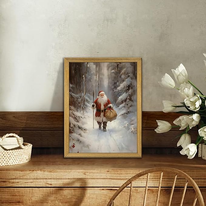 Christmas Wall Art, Vintage Santa Claus Wall Decor, Santa Claus Is Coming To Town Painting Artwork Canvas Prints, Country Winter Christmas Holiday Poster Pictures for Home Bedroom 8x10 Inch Framed