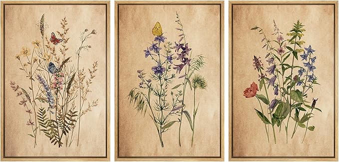 Ashbrook Framed Canvas Print Wall Art Set Vintage Wildflower Bouquet Nature Wilderness Illustrations Modern Art Decorative Floral Botanical Minimal Calm/Relax/Cozy for Bedroom - 24"x36"x3 NATURAL