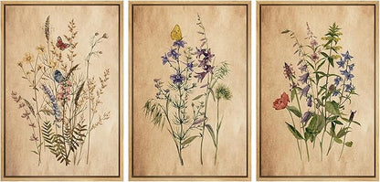 Ashbrook Framed Canvas Print Wall Art Set Vintage Wildflower Bouquet Nature Wilderness Illustrations Modern Art Decorative Floral Botanical Minimal Calm/Relax/Cozy for Bedroom - 24"x36"x3 NATURAL