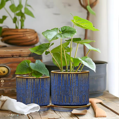 Ceramic Plant Pots with Drainage Holes, Set of 2, 4.3+5.1 Inch Stripe Garden Planter Pots for Outdoor Indoor Plants Flower, Round Succulent Orchid Flower Pot Blue