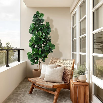 7 ft Fiddle Leaf Fig Tree Artificial with 141 Leaves - Realistic Faux Ficus Lyrata Trees in 9 in Grey Planter Pot, Indoor Fake Floor Plants for Home Office Living Room Decor, Housewarming Gift