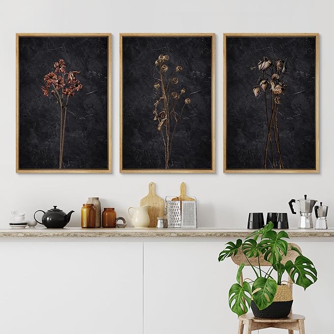 Ashbrook Framed Canvas Print Wall Art Set Dark Moody Wildflowers Nature Wilderness Illustrations Modern Art Decorative Floral Botanical Minimal Calm/Relax/Cozy for Bedroom - 16"x24"x3 Natural