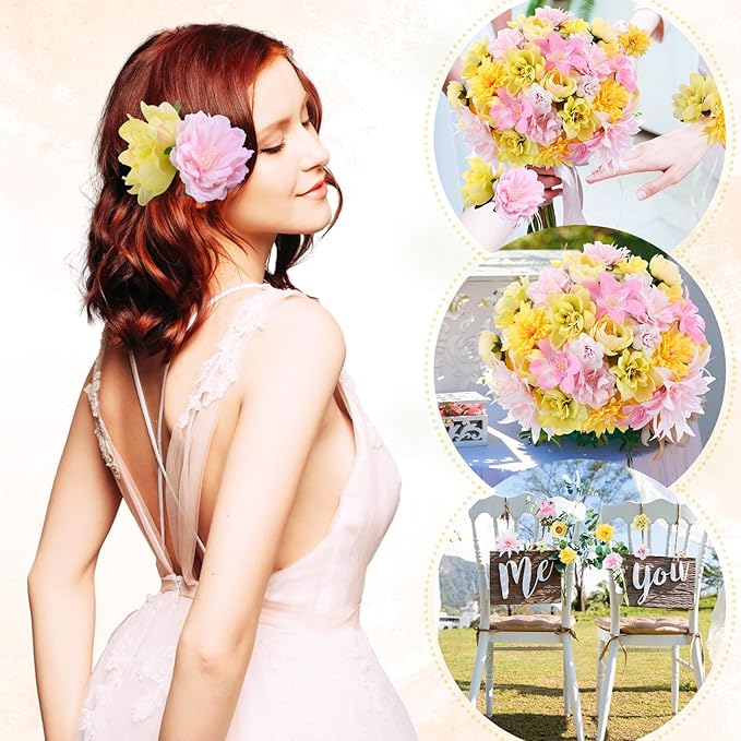 80 Pcs Assorted Fake Flower Heads Mini Artificial Flower Heads Bulk Silk Faux Daisy for Crafts Fake Peony Rose for Wedding Party Wreath Home Decoration (Pink, Green, Yellow)