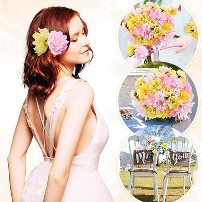 80 Pcs Assorted Fake Flower Heads Mini Artificial Flower Heads Bulk Silk Faux Daisy for Crafts Fake Peony Rose for Wedding Party Wreath Home Decoration (Pink, Green, Yellow)