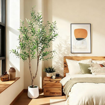 Fake Tree Faux Olive Tree with White Tall Planter Tall Fake Plant Faux Trees Indoor Olive Trees Artificial Indoor Suitable for Home Decoration Hotel Dining Room Office Decoration 6 Feet Tall