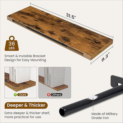 Fun Memories Floating Shelves for Wall, 32 Inch Rustic Wood Wall Mounted Shelves for Bathroom, Bedroom, Kitchen, Living Room, Deep Floating Shelves for Storage & Home Decor (Brown,Set of 2)