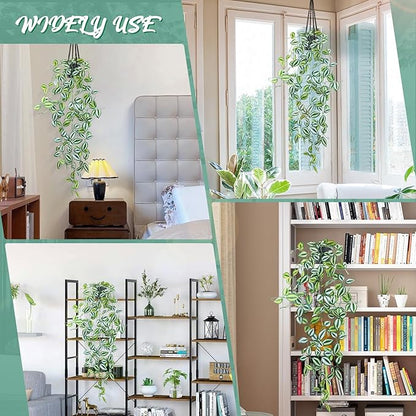 LOYWREE 3 Pack Fake Hanging Plants - Small Potted Plants with Green Eyebrow-Leaf Trailing Vines, Indoor Outdoor Aesthetic Decor for Office, Living Room Shelf & Home Accent (Black Pot)