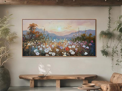 Framed Landscape Wall Art Canvas Painting Extra Large Wall Decor for Living Room, Nature Wildflower Picture Scenry Artwork Textured for Bedroom Dining Room Kitchen Home Office 58"x29"