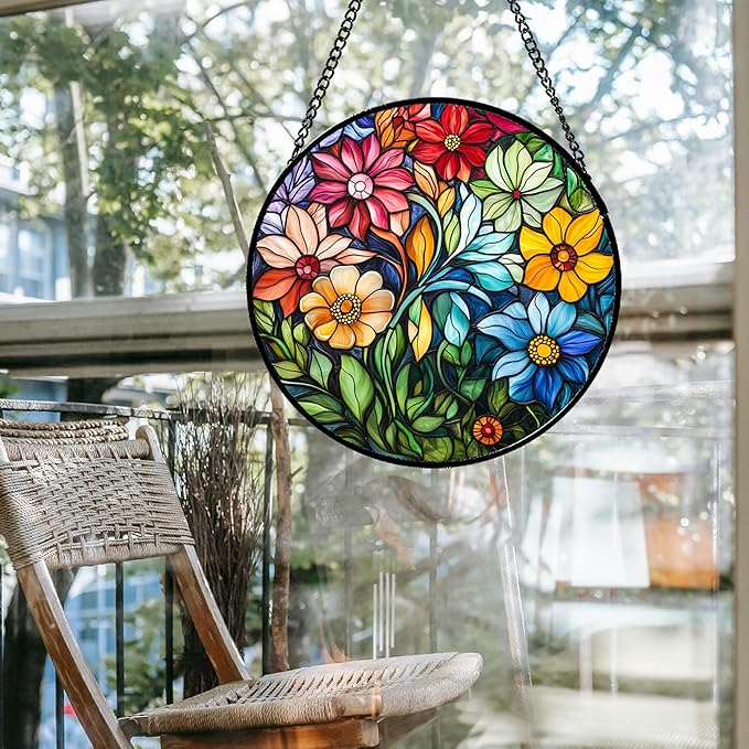 Stained Glass Window Hanging Colorful Flowers and Green Plants 7.8" - Suncatcher Door Garden Sun Catcher Home Decor Birthday Christmas for Mom Men Woman Nana Friend