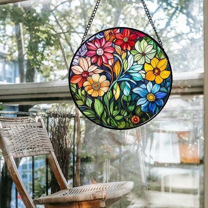 Stained Glass Window Hanging Colorful Flowers and Green Plants Large 15" - Suncatcher Door Garden Sun Catcher Home Decor Birthday Christmas for Mom Men Woman Nana Friend