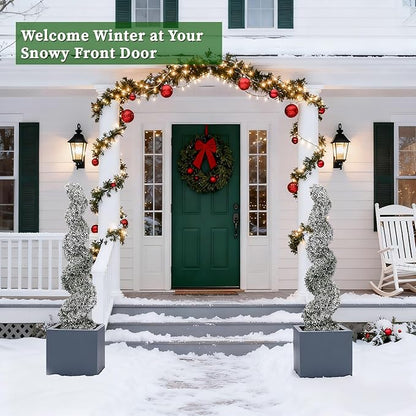 THE BLOOM TIMES 4ft Snow Flocked Spiral Topiary Trees Artificial Outdoor Set of 2, 48" Faux Fake Boxwood Plants for Front Porch Planter, Indoor or Covered Outside Display Christmas Decor 4 Foot