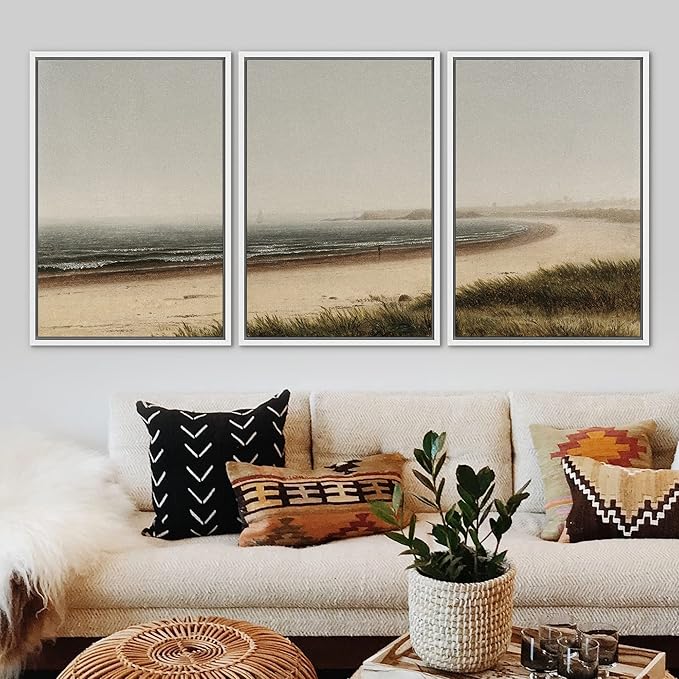 Ashbrook Framed Canvas Print Wall Art Set Misty Beach Horizon Nature Wilderness Illustrations Fine Art Decorative Seascape Horizon Vintage for Living Room, Bedroom, Office - 16"x24"x3 White
