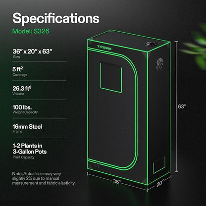 VIVOSUN S326 36"x20"x63" Grow Tent, High Reflective Mylar with Observation Window and Floor Tray for Hydroponics Indoor Plant for VS1000/VS2000