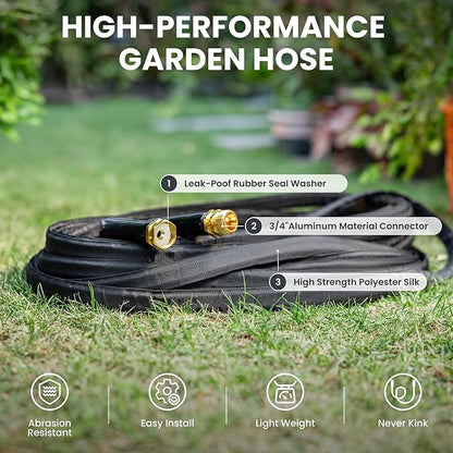 Giraffe Tools Garden Hose 100FT Lightweight Lay Flat Water Hose Kink Free Flexible Hose with 9 Spray Function Nozzle, Black