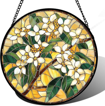 Stained Glass Window Hanging, White Flower Sun Catcher for Door Home Decor Plants Suncatcher Christmas Mother's Day Birthday Gifts for Women Men Mom and Nana 6.3 in