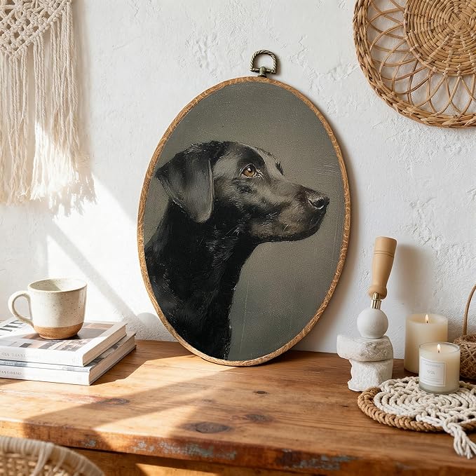 DEQSX Vintage Black Labrador Retriever Oval Wall Art, Black Lab Gifts, Moody Dark Academia Farmhouse Dog Wall Decor Canvas Prints Posters for Home Bedroom Living Room, 8.6x11.4 Inches