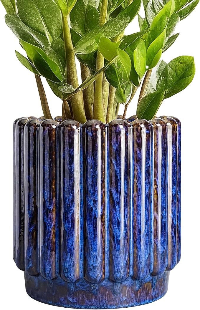 Ceramic Pots for Plants - 7.6 Inch Plant Pots Indoor with Drainage Hole, Fluted Round Ceramic Planter Outdoor, Modern Flower Planter, Home Office Living Room Decor, Garden Gifts, Blue